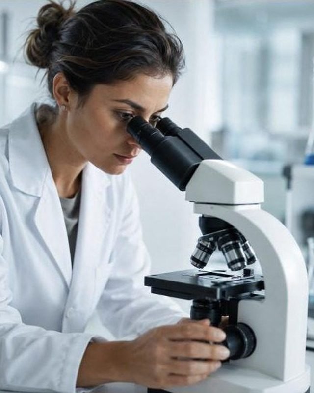 Researcher examining a botanical extract under a microscope
