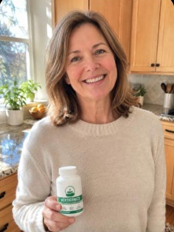 Patricia holding Vertigenics bottle in her kitchen after 90 days